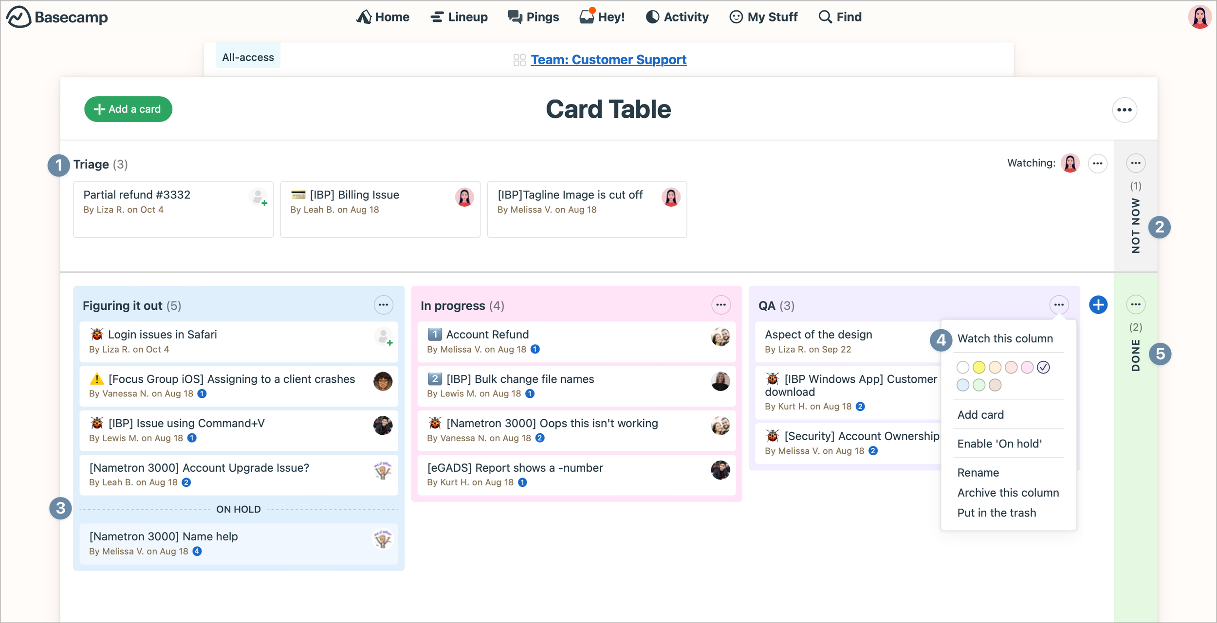 Screenshot of Basecamp's new Card Table feature.