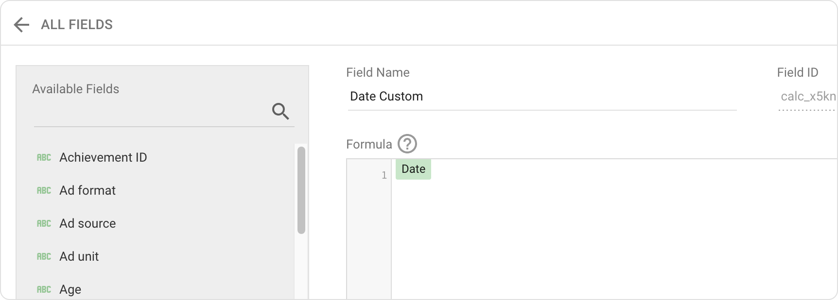 Screenshot of the custom date field in the GA4 data source.